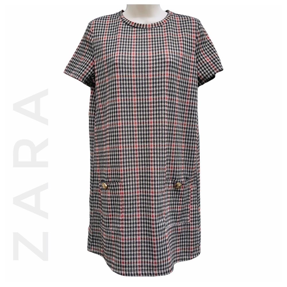 ZARA plaid shirt mini dress gold big buttons front check 60s houndstooth 8856